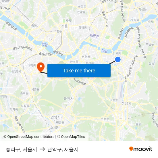 송파구, 서울시 to 관악구, 서울시 map