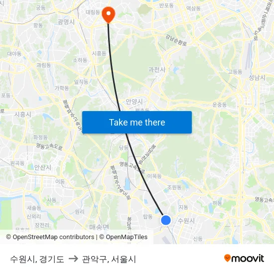 수원시, 경기도 to 관악구, 서울시 map