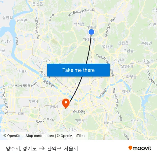 양주시, 경기도 to 관악구, 서울시 map
