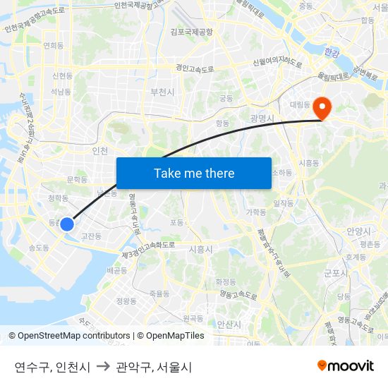 연수구, 인천시 to 관악구, 서울시 map