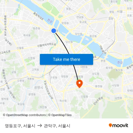 영등포구, 서울시 to 관악구, 서울시 map