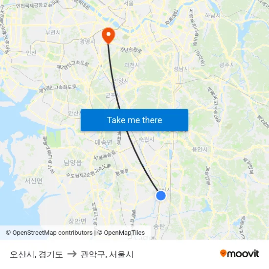 오산시, 경기도 to 관악구, 서울시 map