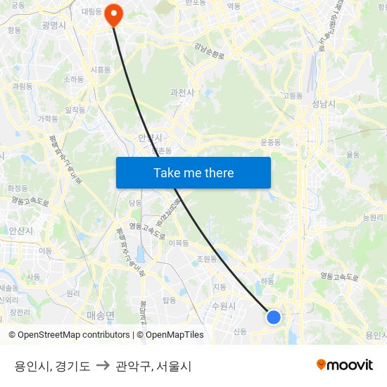 용인시, 경기도 to 관악구, 서울시 map