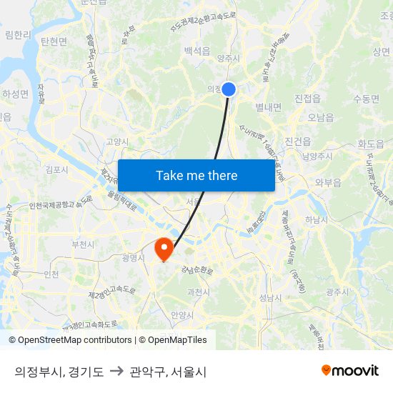 의정부시, 경기도 to 관악구, 서울시 map