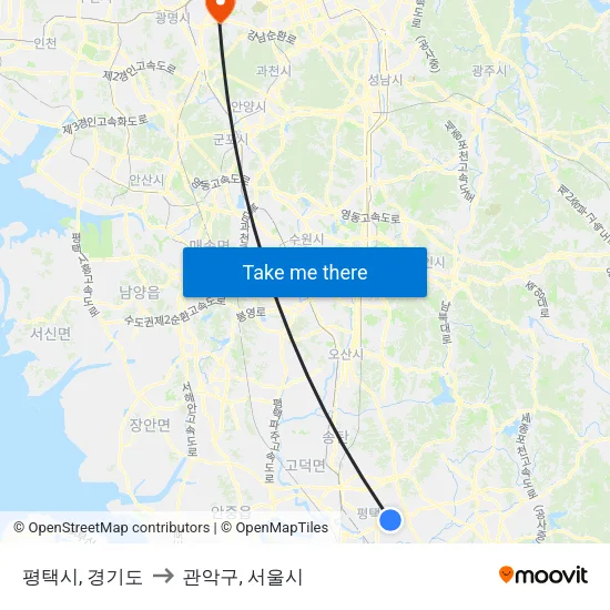 평택시, 경기도 to 관악구, 서울시 map
