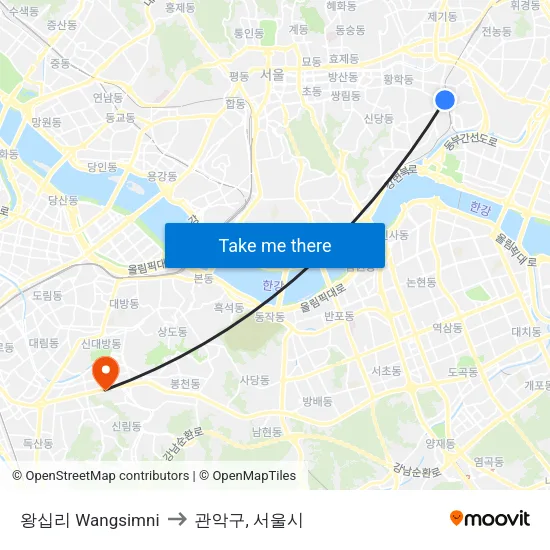 왕십리 Wangsimni to 관악구, 서울시 map
