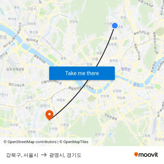 강북구, 서울시 to 광명시, 경기도 map