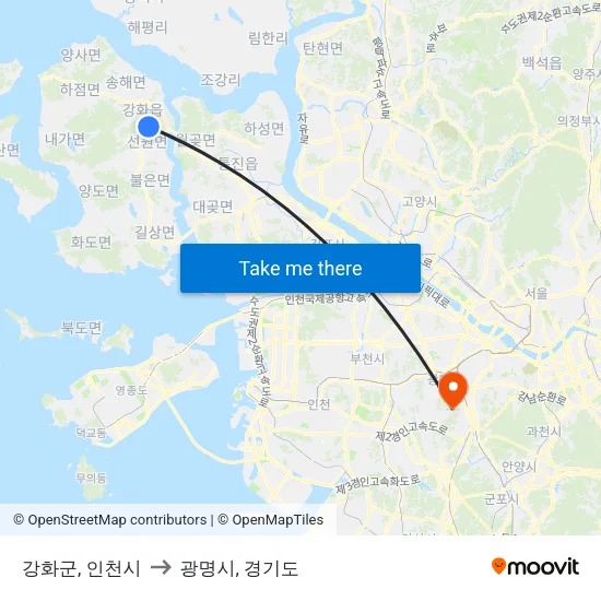 강화군, 인천시 to 광명시, 경기도 map