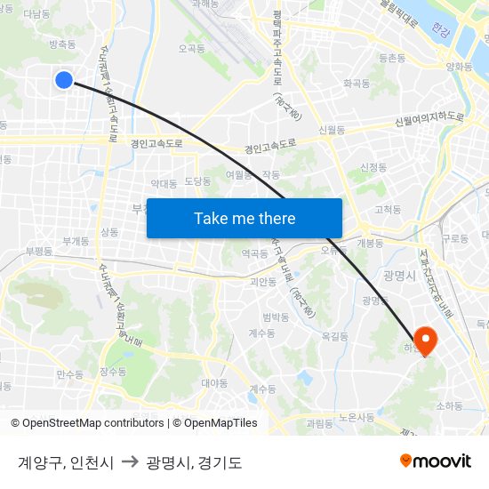 계양구, 인천시 to 광명시, 경기도 map