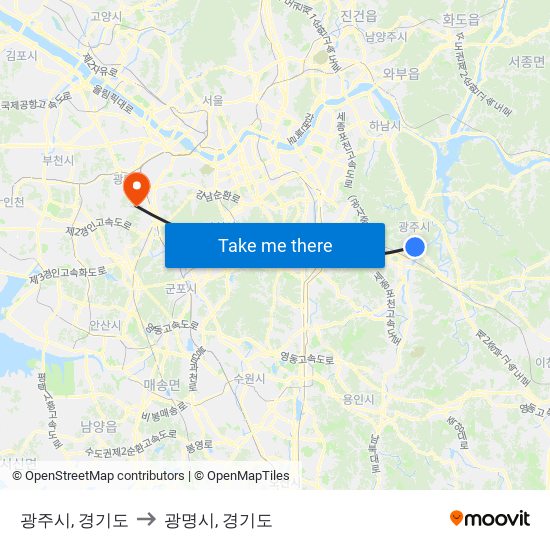 광주시, 경기도 to 광명시, 경기도 map