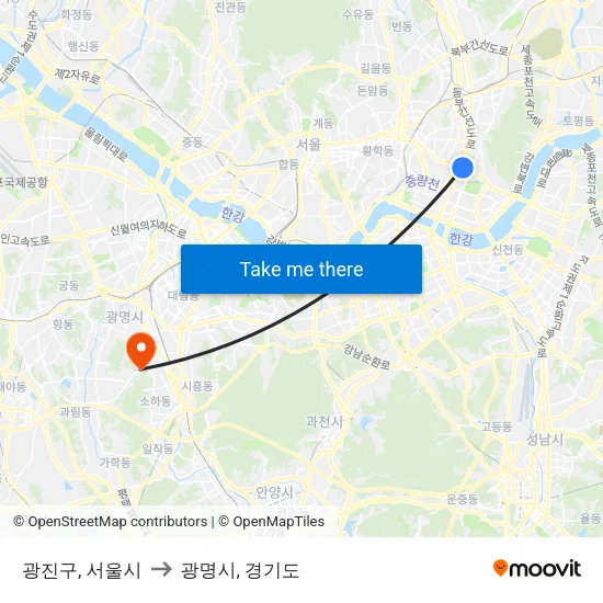 광진구, 서울시 to 광명시, 경기도 map