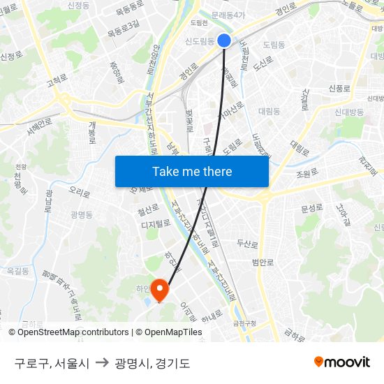 구로구, 서울시 to 광명시, 경기도 map