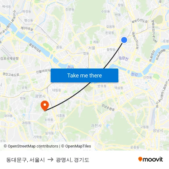 동대문구, 서울시 to 광명시, 경기도 map