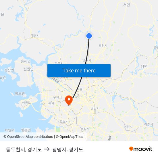 동두천시, 경기도 to 광명시, 경기도 map