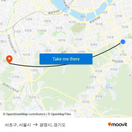 서초구, 서울시 to 광명시, 경기도 map