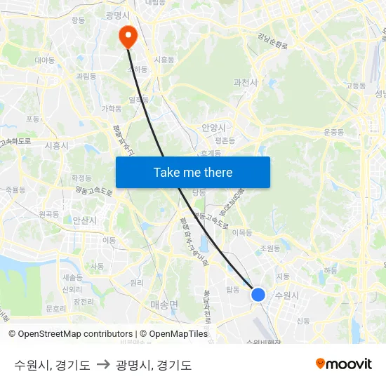 수원시, 경기도 to 광명시, 경기도 map