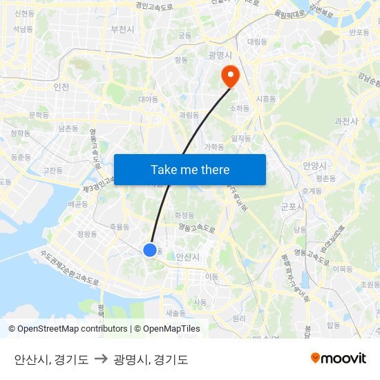 안산시, 경기도 to 광명시, 경기도 map