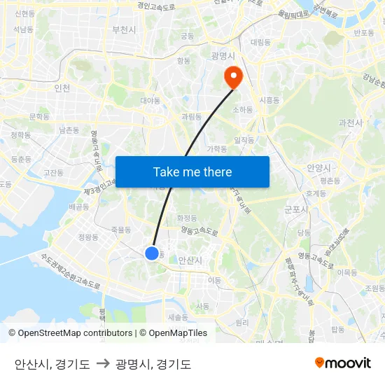 안산시, 경기도 to 광명시, 경기도 map