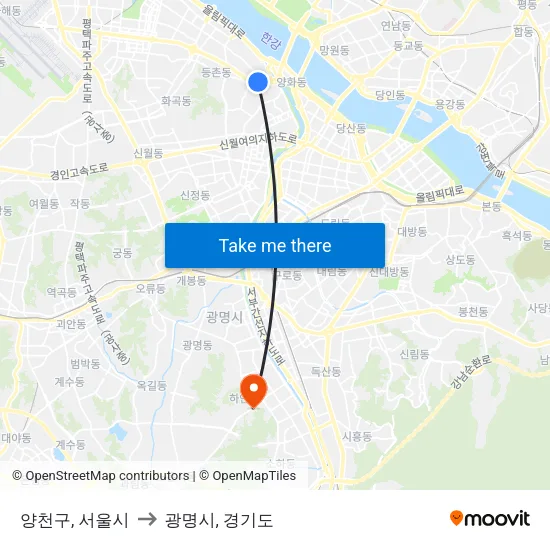 양천구, 서울시 to 광명시, 경기도 map