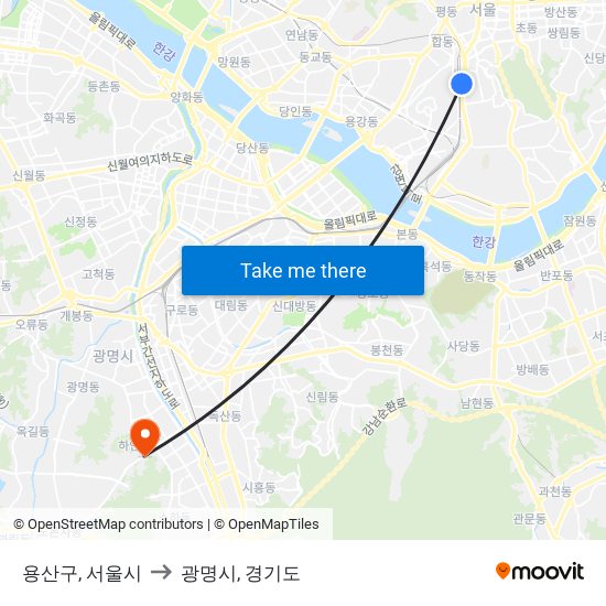 용산구, 서울시 to 광명시, 경기도 map