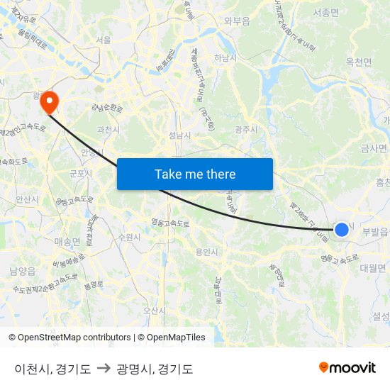 이천시, 경기도 to 광명시, 경기도 map