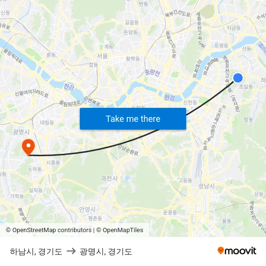 하남시, 경기도 to 광명시, 경기도 map