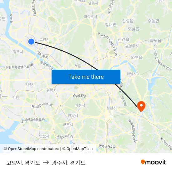 고양시, 경기도 to 광주시, 경기도 map