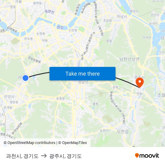 과천시, 경기도 to 광주시, 경기도 map