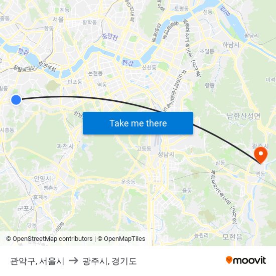 관악구, 서울시 to 광주시, 경기도 map