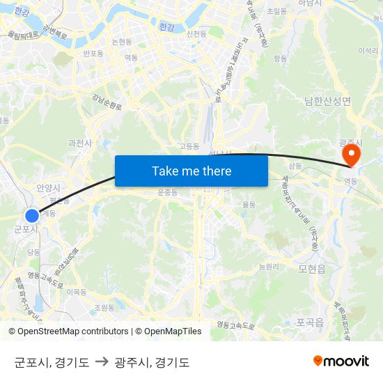 군포시, 경기도 to 광주시, 경기도 map