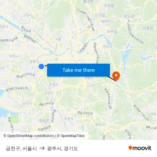 금천구, 서울시 to 광주시, 경기도 map