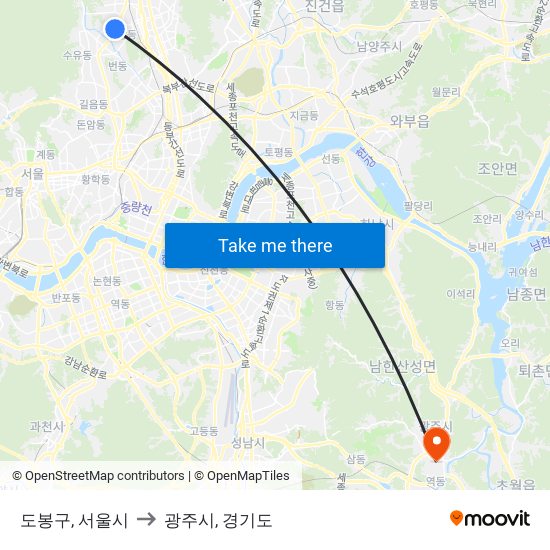 도봉구, 서울시 to 광주시, 경기도 map