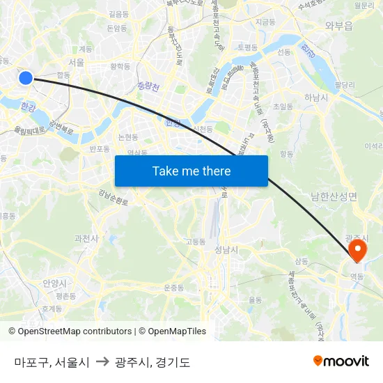 마포구, 서울시 to 광주시, 경기도 map