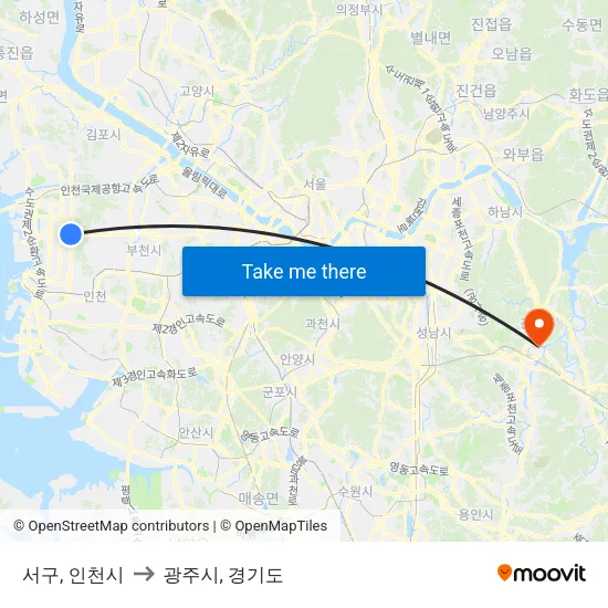 서구, 인천시 to 광주시, 경기도 map