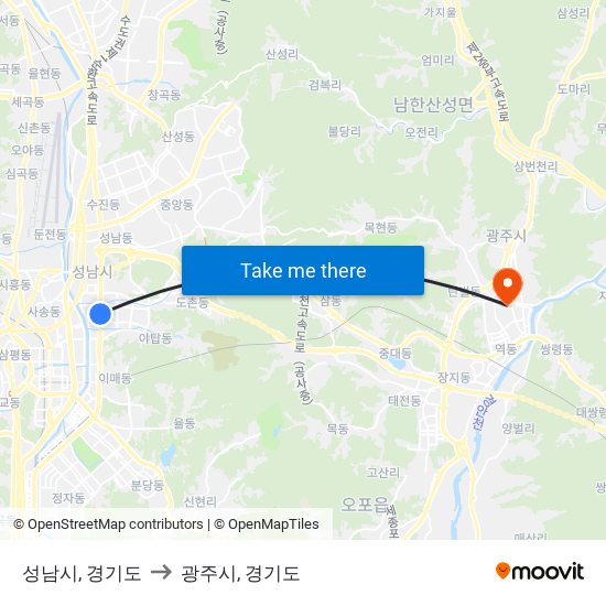 성남시, 경기도 to 광주시, 경기도 map