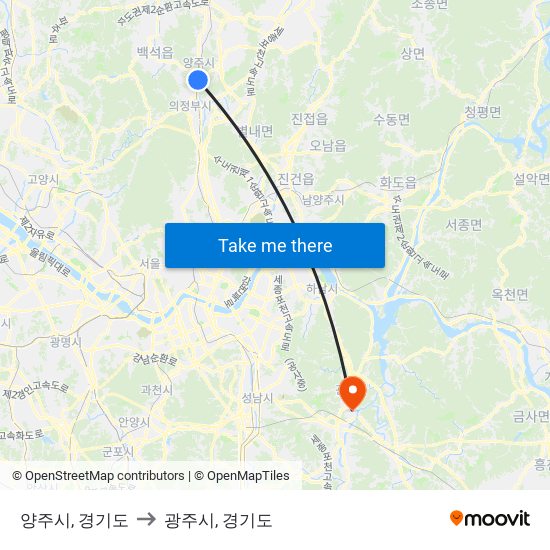 양주시, 경기도 to 광주시, 경기도 map