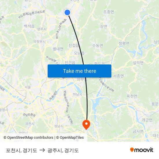 포천시, 경기도 to 광주시, 경기도 map