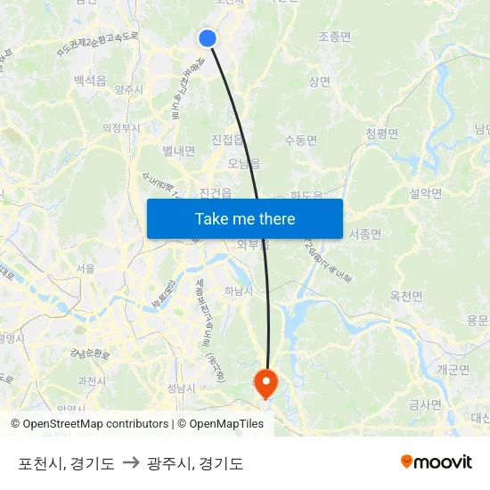 포천시, 경기도 to 광주시, 경기도 map