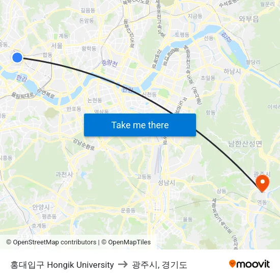 홍대입구 Hongik University to 광주시, 경기도 map