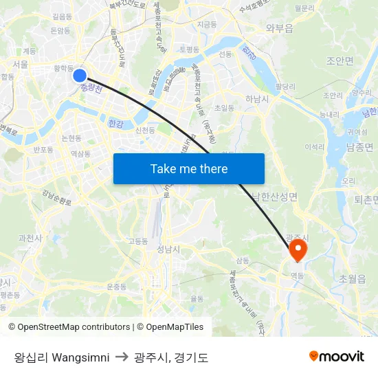 왕십리 Wangsimni to 광주시, 경기도 map