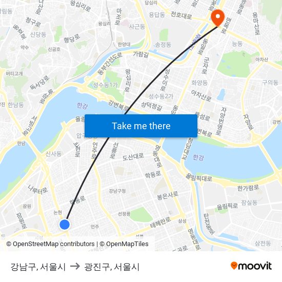 강남구, 서울시 to 광진구, 서울시 map