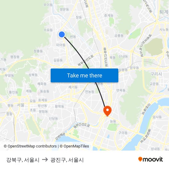 강북구, 서울시 to 광진구, 서울시 map