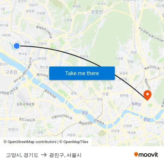 고양시, 경기도 to 광진구, 서울시 map