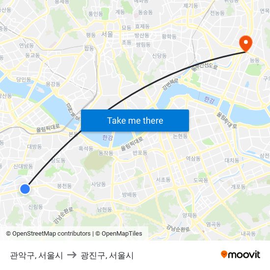 관악구, 서울시 to 광진구, 서울시 map