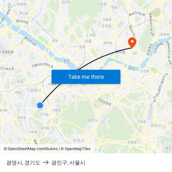광명시, 경기도 to 광진구, 서울시 map