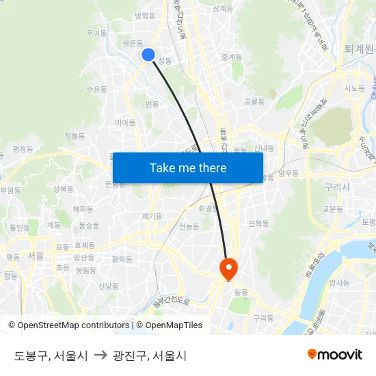 도봉구, 서울시 to 광진구, 서울시 map