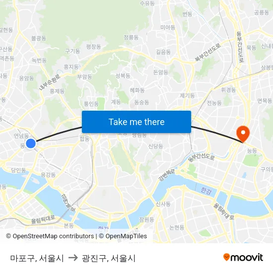 마포구, 서울시 to 광진구, 서울시 map