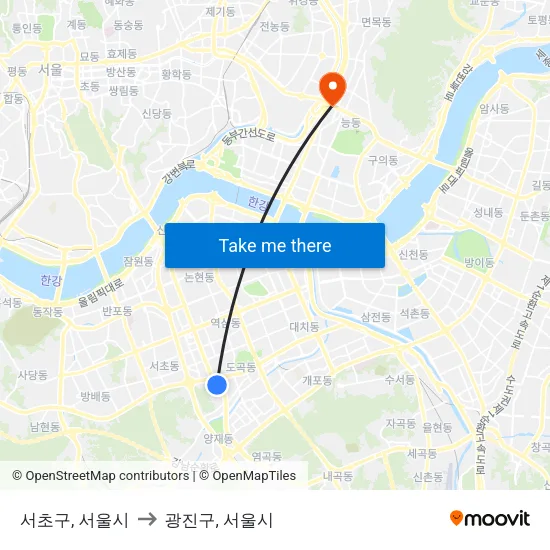 서초구, 서울시 to 광진구, 서울시 map
