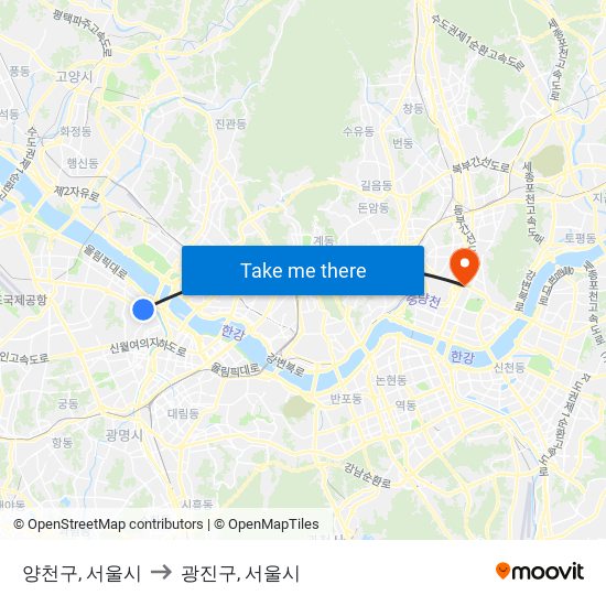 양천구, 서울시 to 광진구, 서울시 map