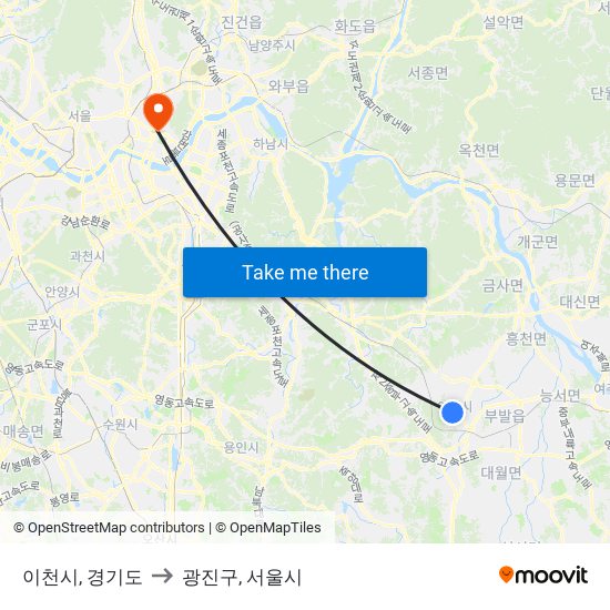 이천시, 경기도 to 광진구, 서울시 map